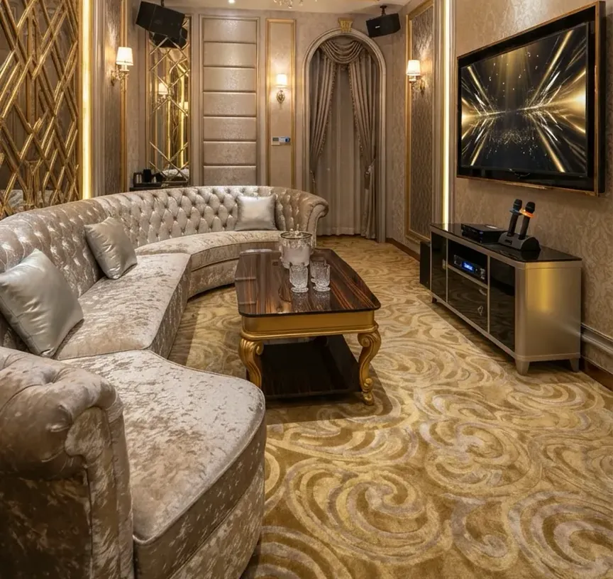 银色弧形沙发和玻璃桌沿着金色天花灯延伸到拱门的竖幅画面